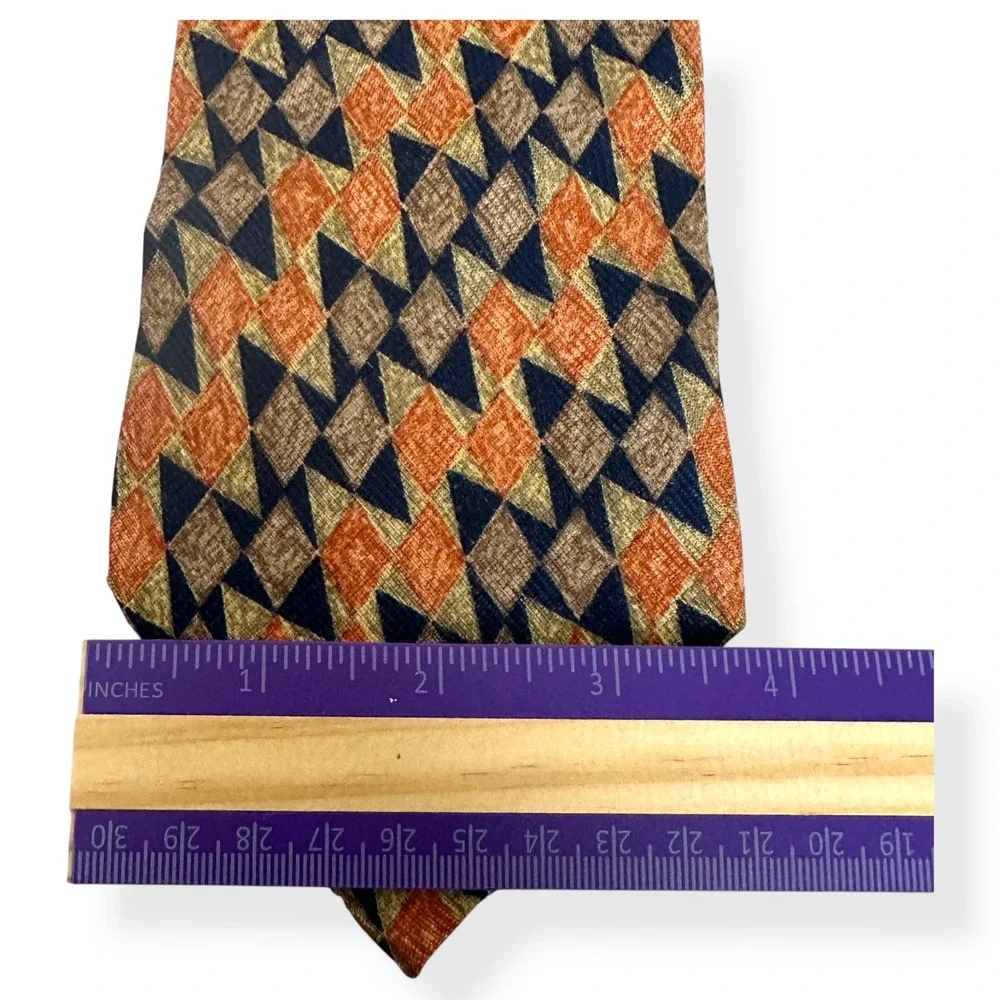 VTG Ermenegildo Zegna Silk Tie OS Orange Geometric Diamond‎ Harlequin Made Italy